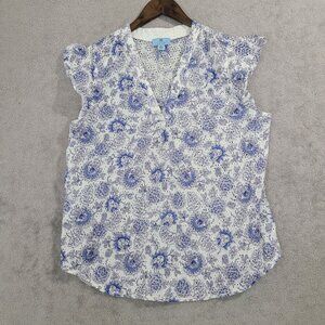 CeCe Womens Blue & White Floral Lace Trim Blouse Size XL